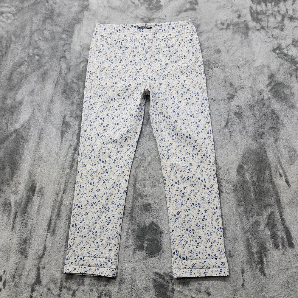 Mario Serrani Pants Womens S White Blue Floral Comfort Stretch Roll Cuff Capri